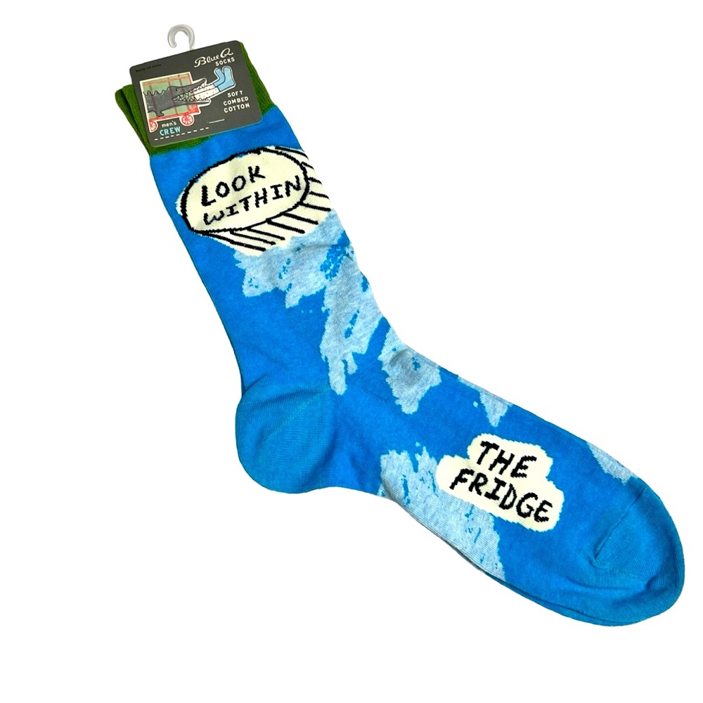 Blue Q Crew Socks Mens 7-12 Size Look Within‎ The Fridge Blue Novelty NEW Tags